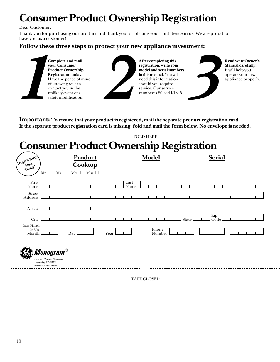 Consumer product ownership registration | GE Monogram 164D3333P235 User Manual | Page 18 / 20