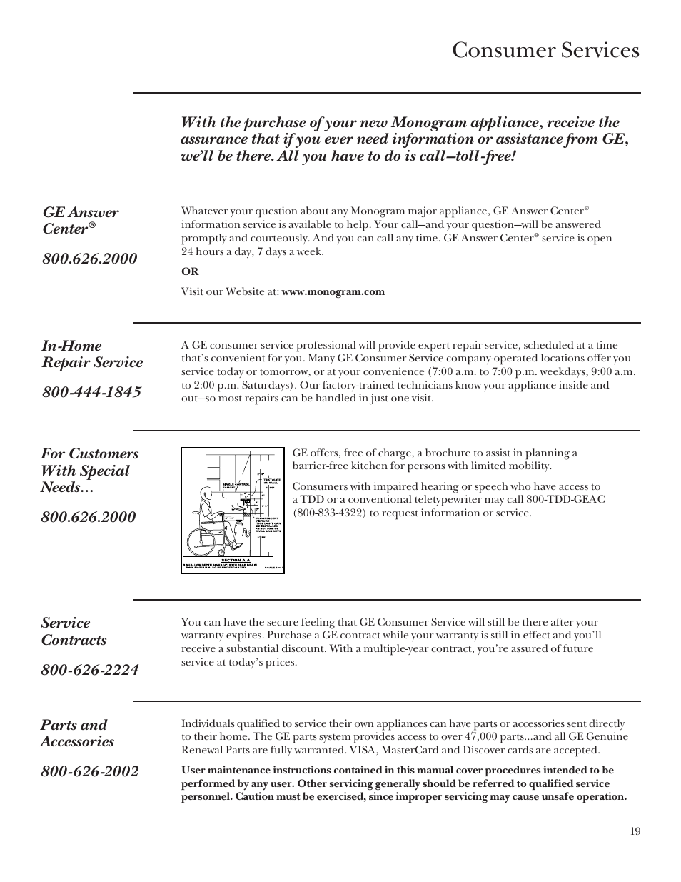 Important phone numbers, Consumer services | GE Monogram 164D3333P235 User Manual | Page 19 / 20