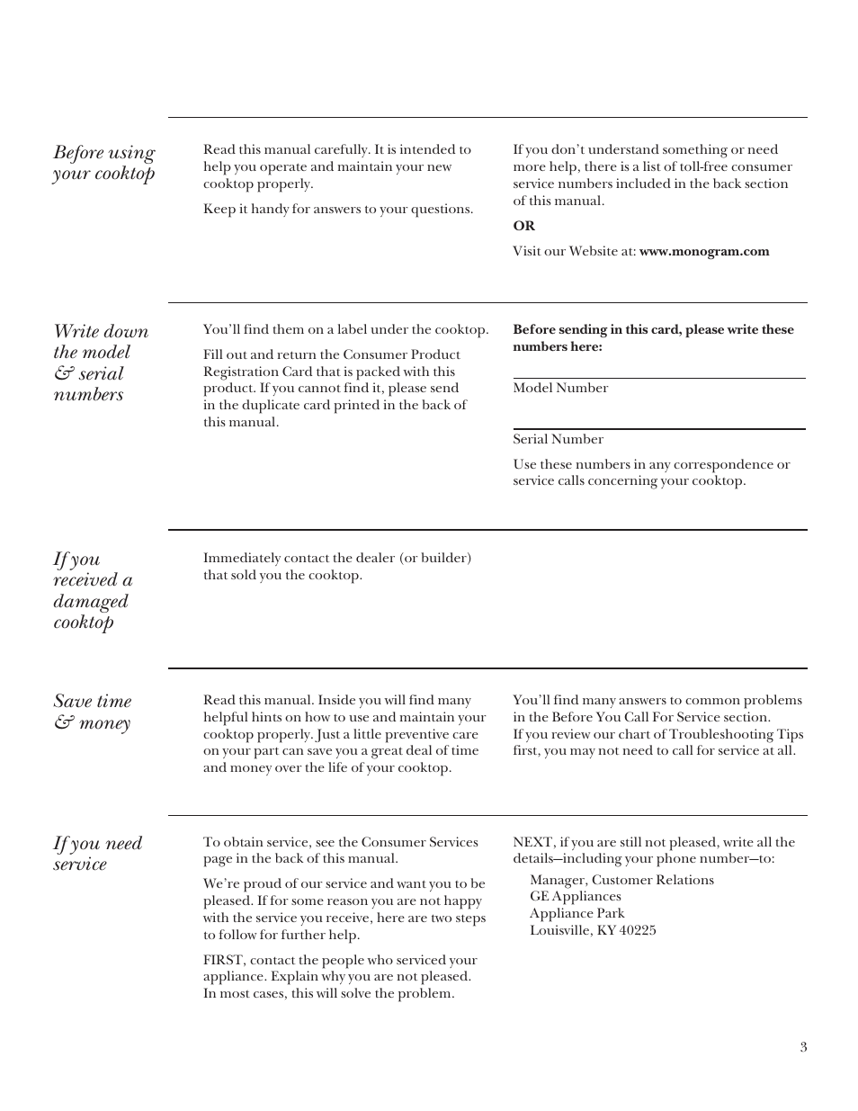 Model and serial numbers, Before using your cooktop, Write down the model & serial numbers | If you received a damaged cooktop, Save time & money, If you need service | GE Monogram 164D3333P235 User Manual | Page 3 / 20