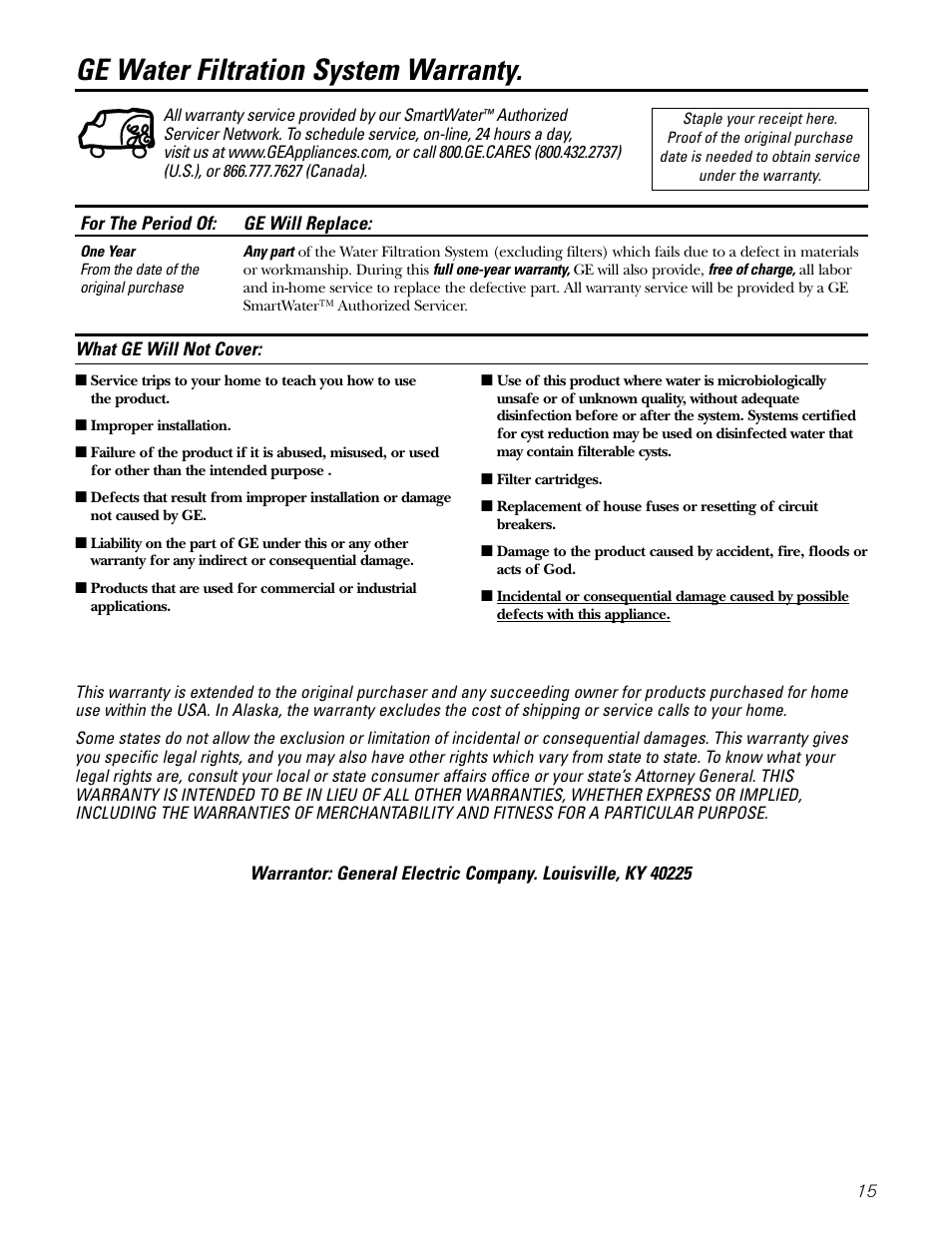 Warranty, Ge water filtration system warranty | GE GNSL05CBL (REV. 2) User Manual | Page 15 / 16