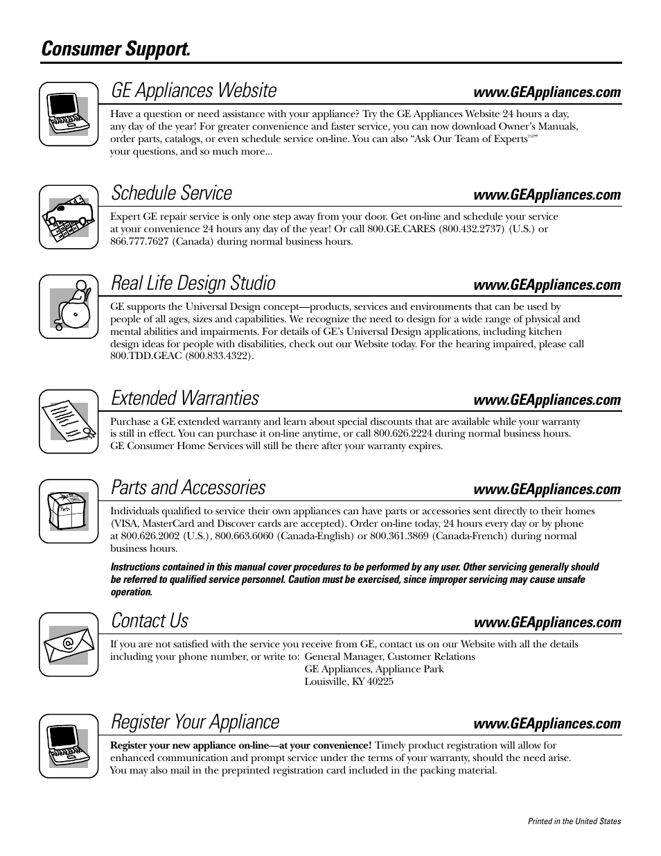 Consumer support, Consumer support. ge appliances website, Schedule service | Real life design studio, Extended warranties, Parts and accessories, Contact us, Register your appliance | GE GNSL05CBL (REV. 2) User Manual | Page 16 / 16