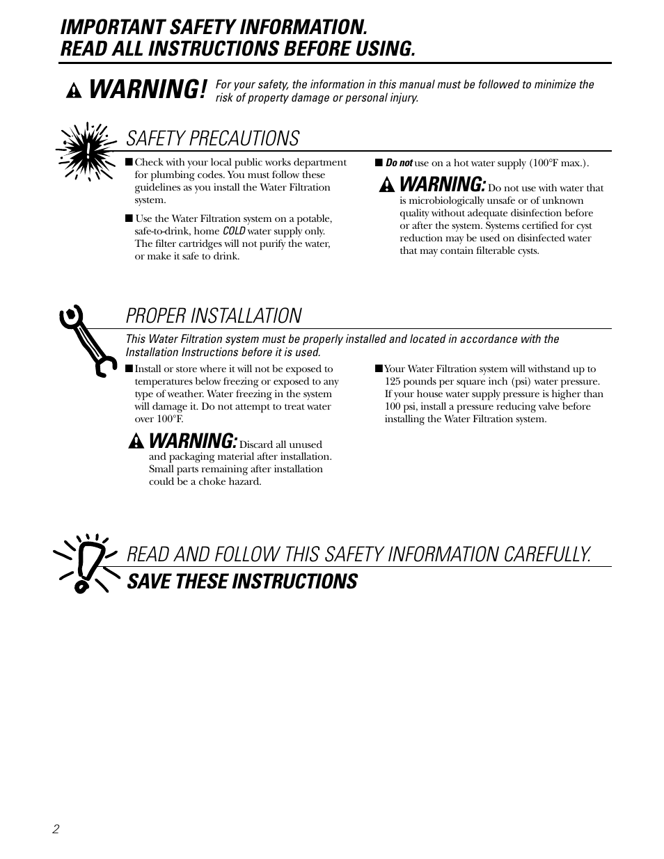 Safety instructions, Warning, Safety precautions | Proper installation | GE GNSL05CBL (REV. 2) User Manual | Page 2 / 16