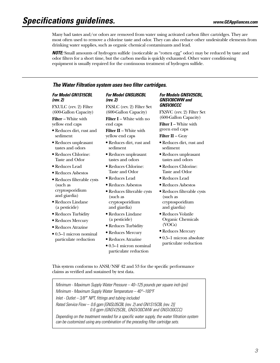 Specification guidelines, Specifications guidelines | GE GNSL05CBL (REV. 2) User Manual | Page 3 / 16