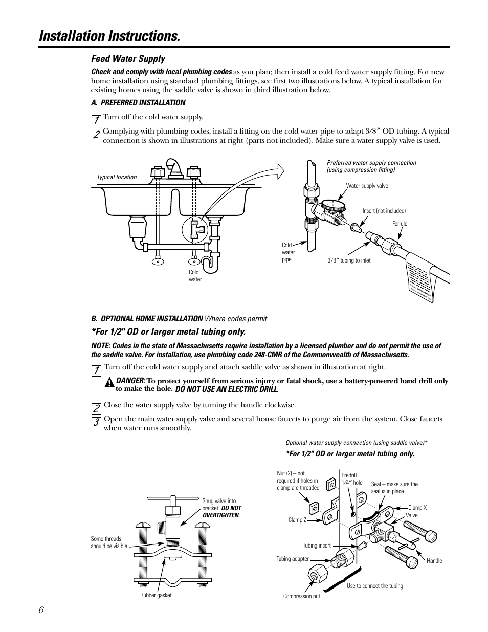 Feed water supply, Installation instructions | GE GNSL05CBL (REV. 2) User Manual | Page 6 / 16