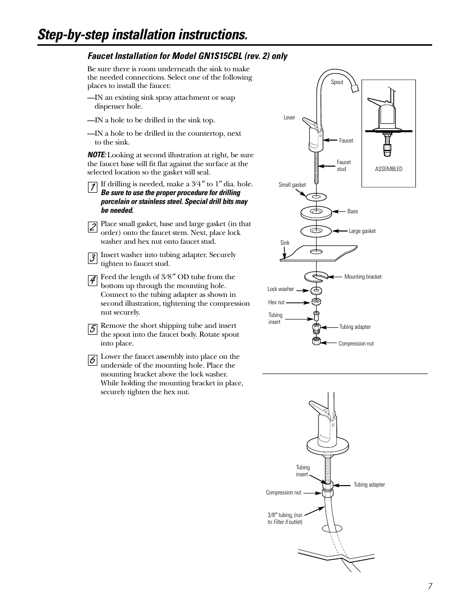 Faucet installation, Step-by-step instructions, Faucet installation , 8 | Step-by-step instructions –9, Step-by-step installation instructions | GE GNSL05CBL (REV. 2) User Manual | Page 7 / 16