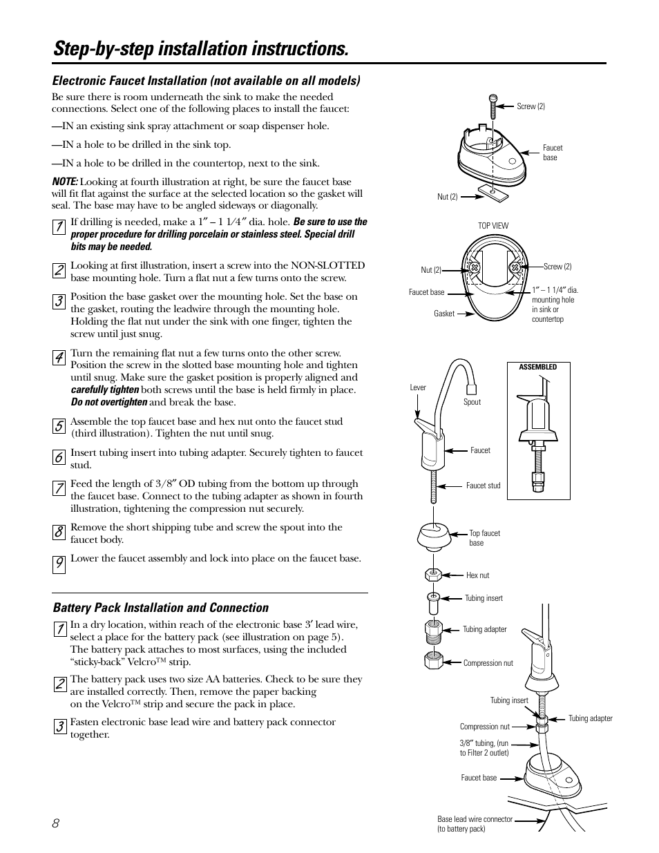 Battery pack installation, Step-by-step installation instructions | GE GNSL05CBL (REV. 2) User Manual | Page 8 / 16