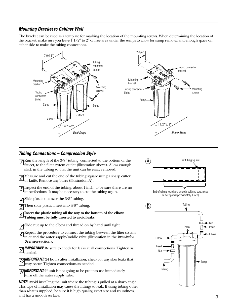 Tubing connections, Wall mounting, Tubing connections wall mounting | GE GNSL05CBL (REV. 2) User Manual | Page 9 / 16