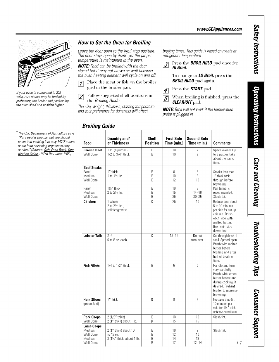 How to set the oven for broiling, Broiling guide | GE J7912-30" User Manual | Page 11 / 32