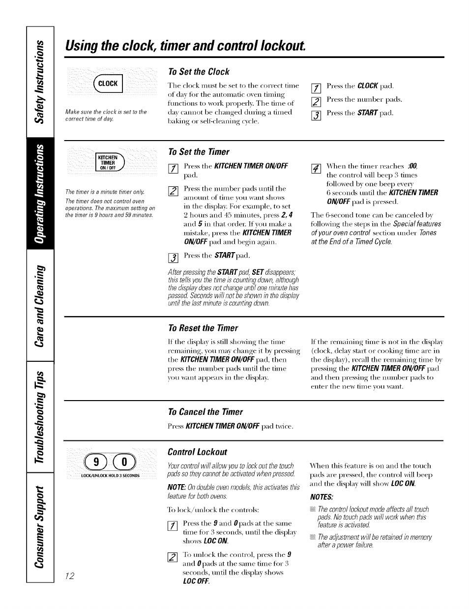 To set the clock, To set the timer, To reset the timer | To cancel the timer, Control lockout, Using the clock timer and control lockout | GE J7912-30" User Manual | Page 12 / 32