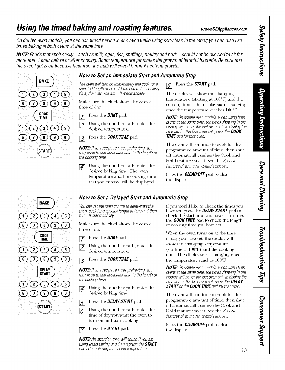 How to set an immediate start and automatic stop, How to set a delayed start and automatic stop, I)® cd | Using the timed baking and roasting features | GE J7912-30" User Manual | Page 13 / 32