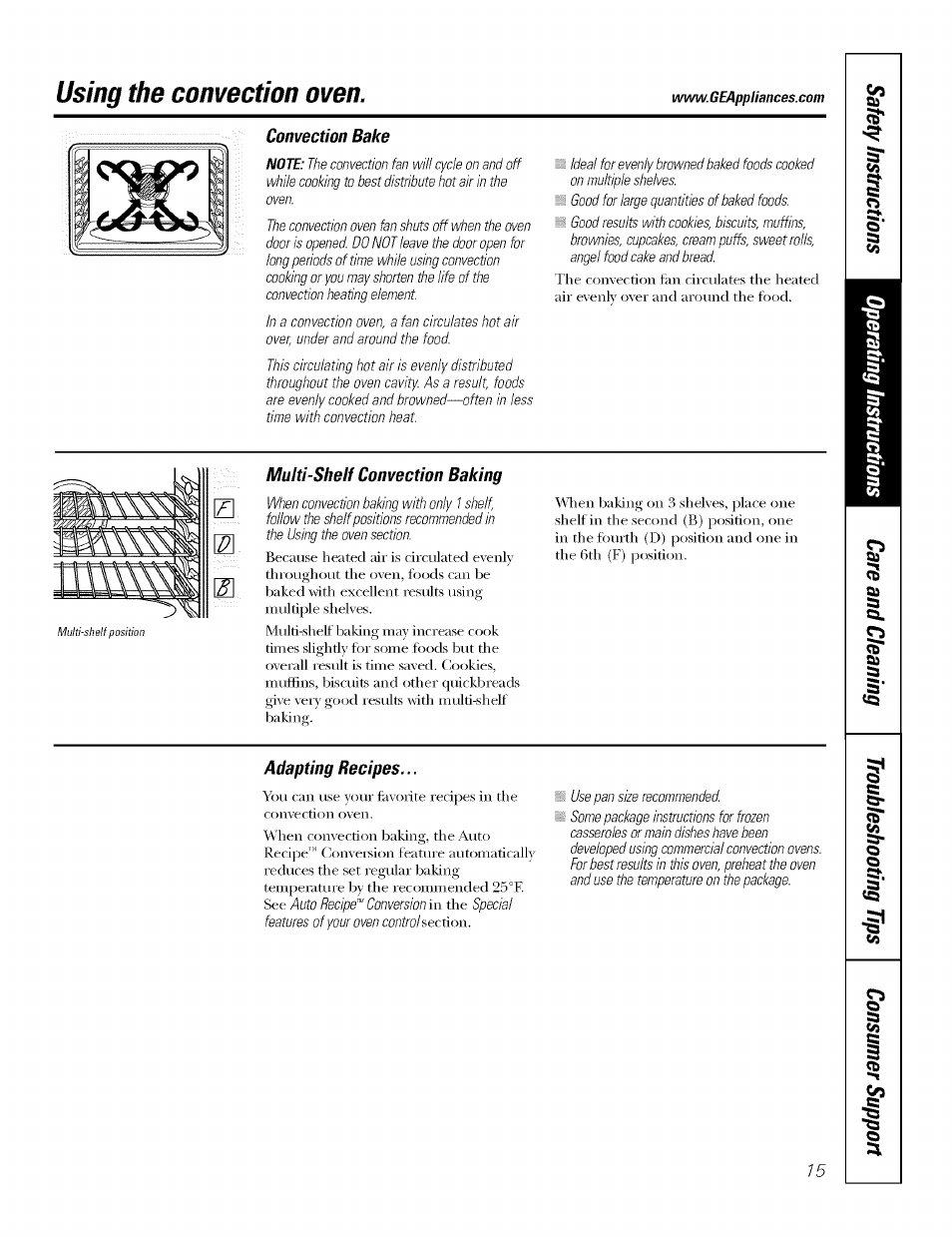 Convection bake, Multi-shelf convection baking, Adapting recipes | Using the convection oven | GE J7912-30" User Manual | Page 15 / 32