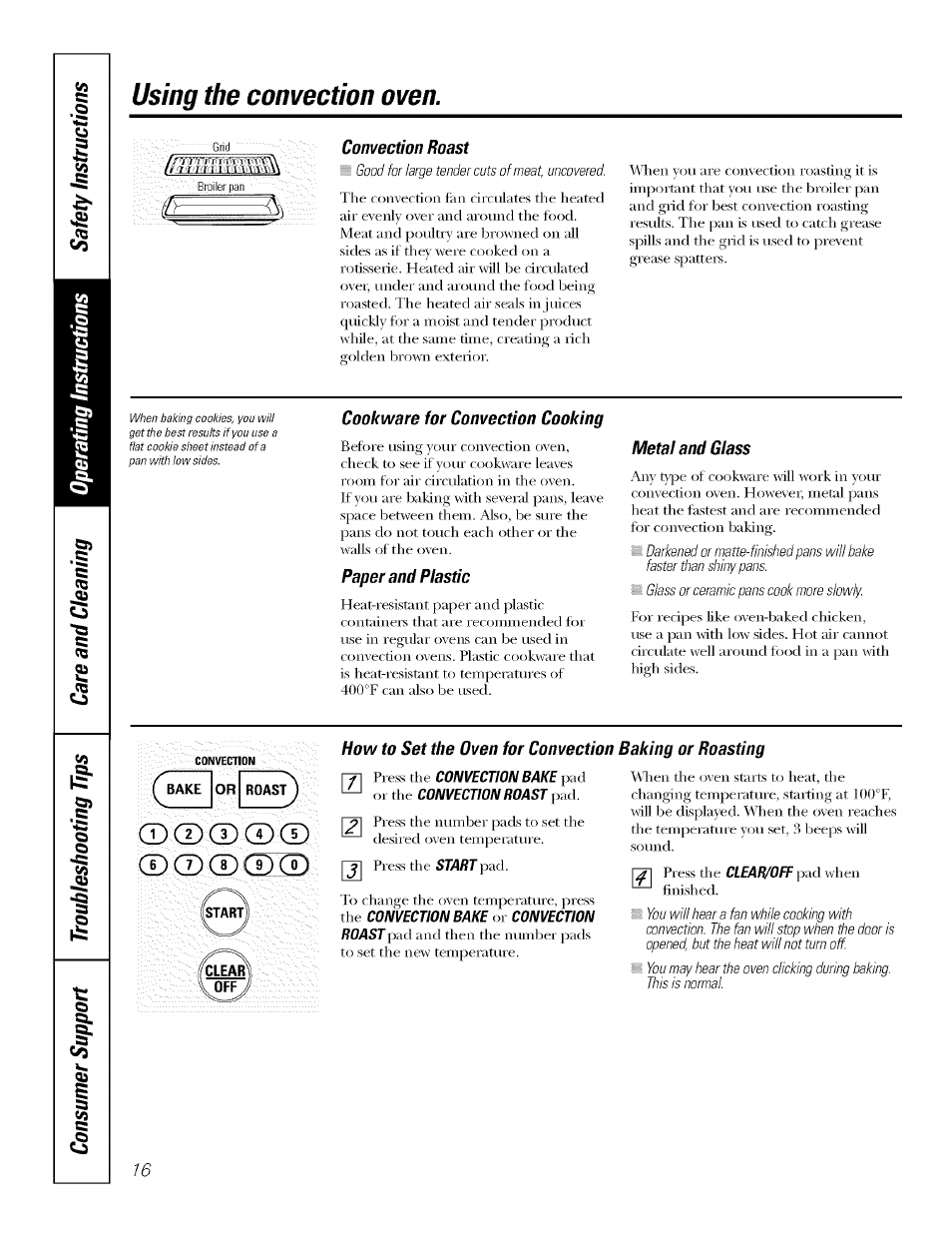 Convection roast, Cookware for convection cooking, Paper and plastic | Metal and glass, Using the convection oven | GE J7912-30" User Manual | Page 16 / 32