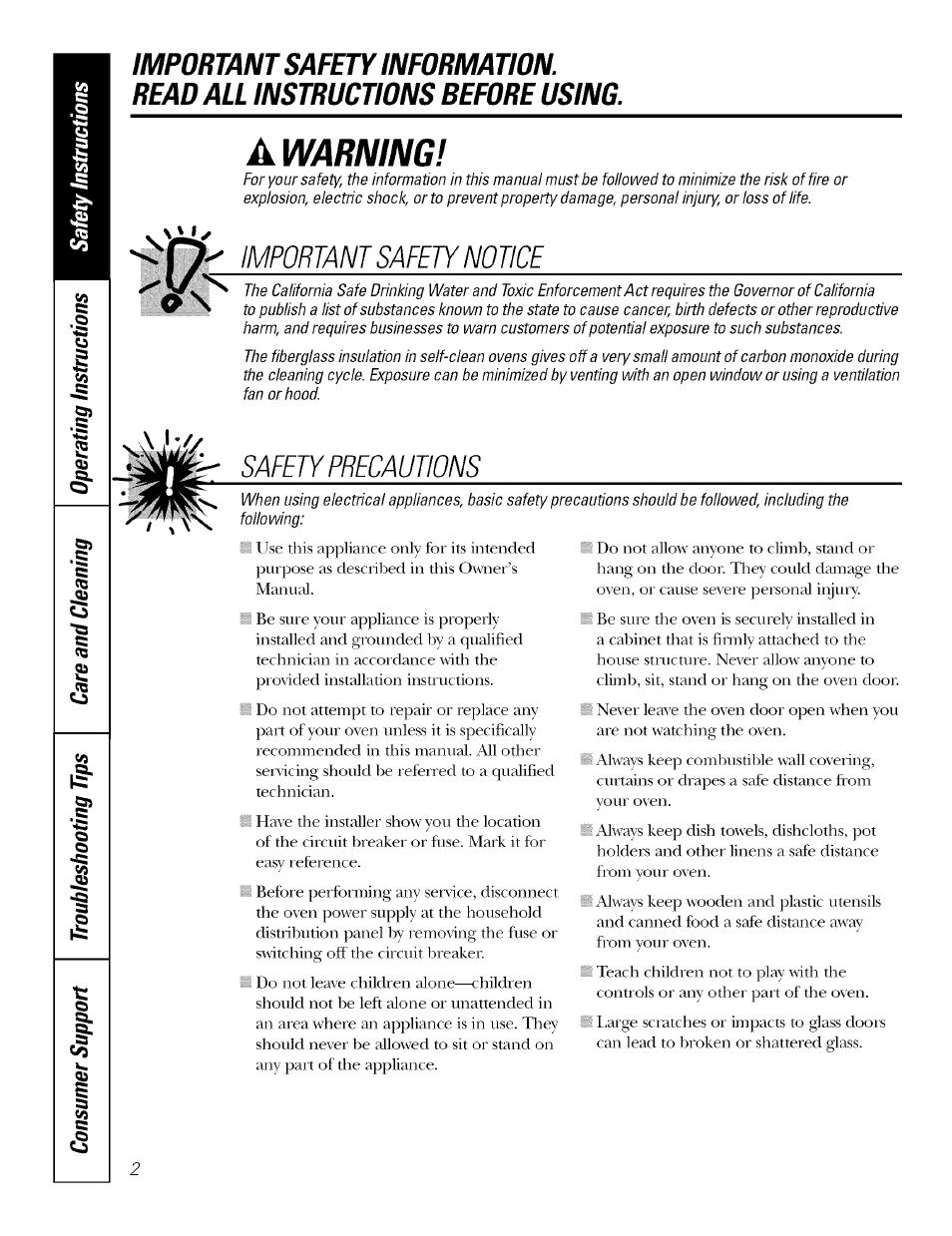Warning, Important safety notice, Safety precautions | GE J7912-30" User Manual | Page 2 / 32