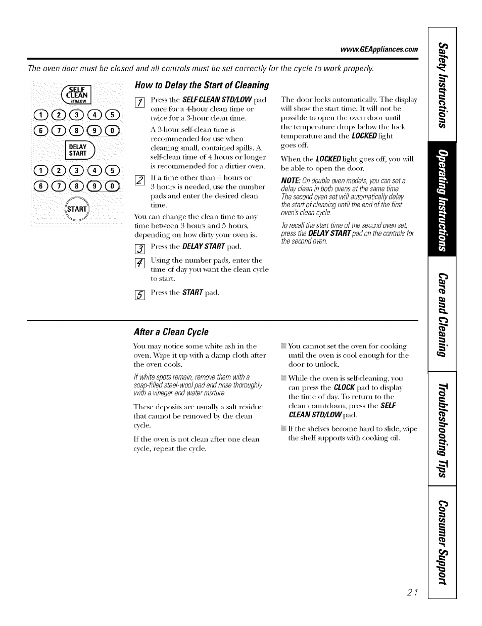 How to delay the start of cleaning, After a clean cycle | GE J7912-30" User Manual | Page 21 / 32