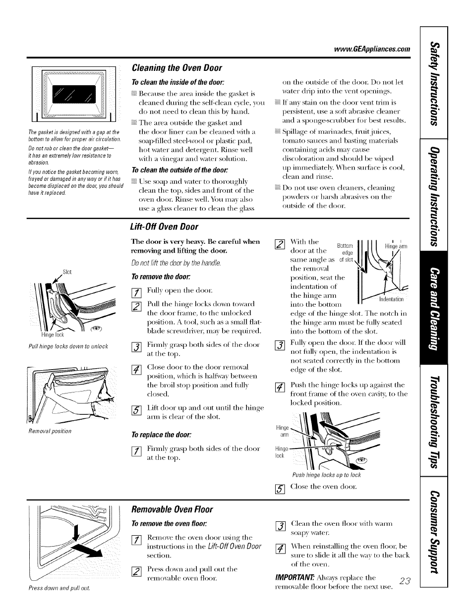 Cleaning the oven door, Lift-off oven door | GE J7912-30" User Manual | Page 23 / 32