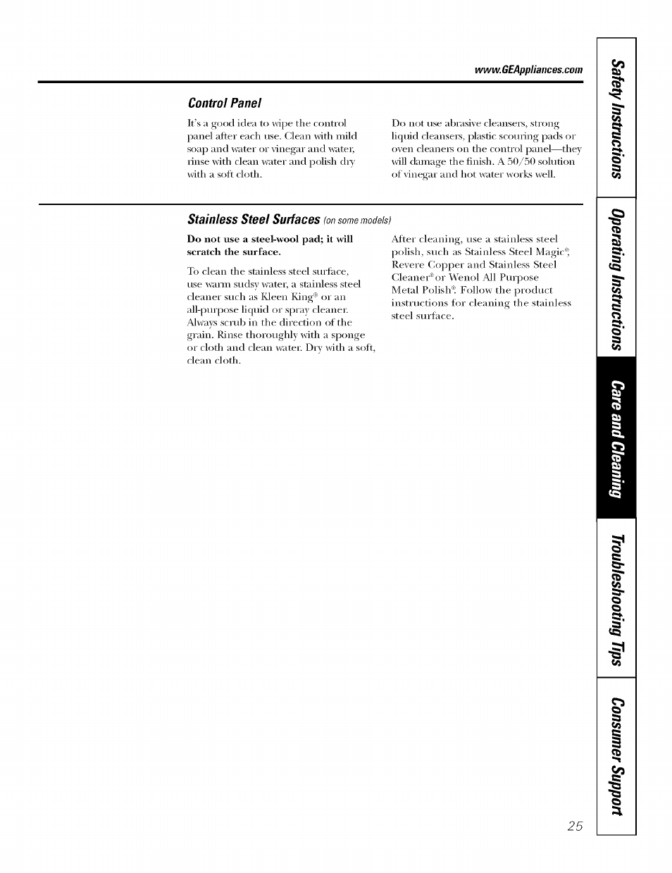 Control panel, Stainless steel surfaces (on some models) | GE J7912-30" User Manual | Page 25 / 32