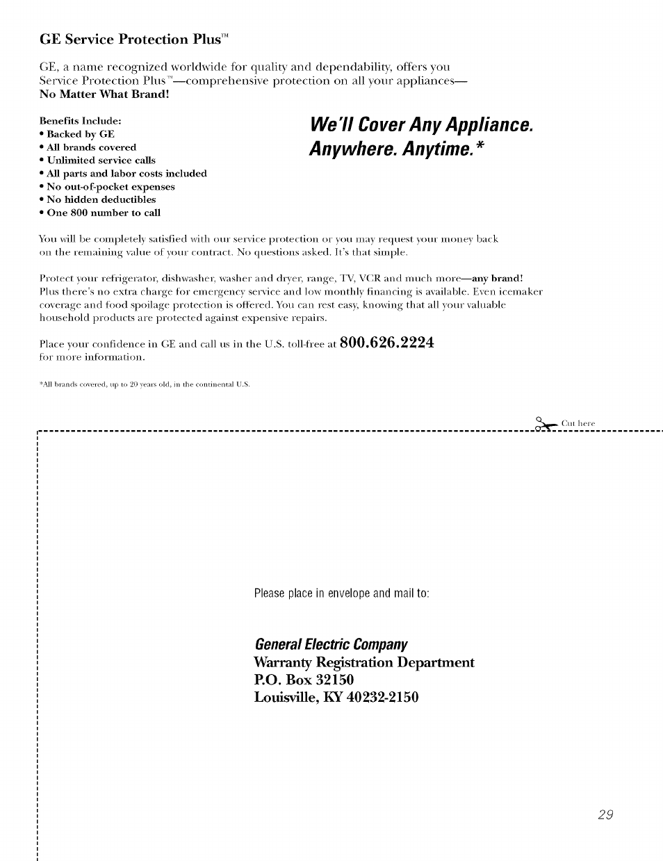 Ge service protection plus, Please place in envelope and mail to, We'll cover any appliance. anywhere. anytime | GE J7912-30