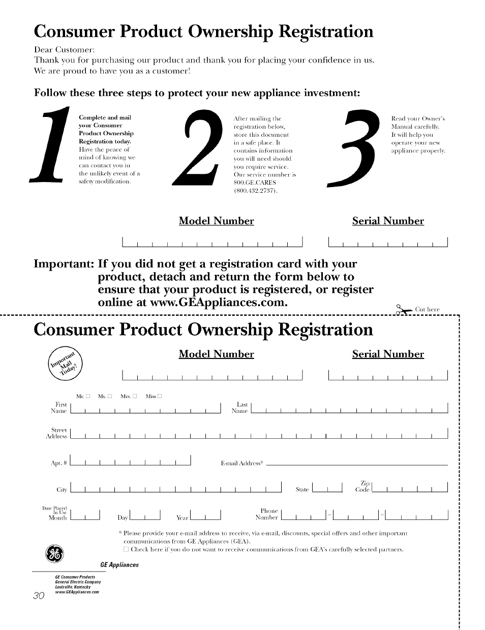 Model number, Serial number, Consumer product ownership registration | Model number serial number, I i i | GE J7912-30" User Manual | Page 30 / 32