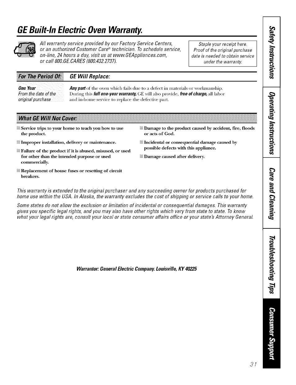 Ge built-in electric oven warranty | GE J7912-30" User Manual | Page 31 / 32