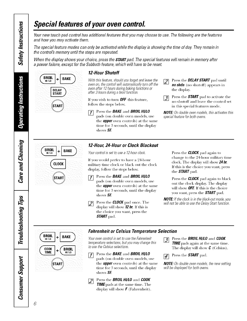 Hour shutoff, Hour, 24-hour or clock blackout, Fahrenheit or celsius temperature selection | Special features of your oven control | GE J7912-30" User Manual | Page 6 / 32