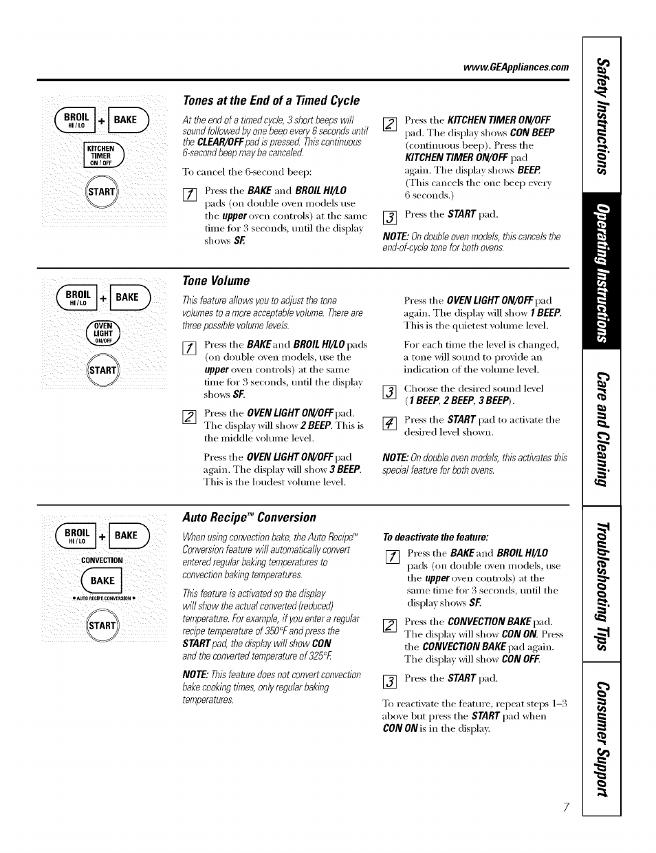 Tones at the end of a timed cycle, Tone volume, Auto recipe™ conversion | GE J7912-30" User Manual | Page 7 / 32