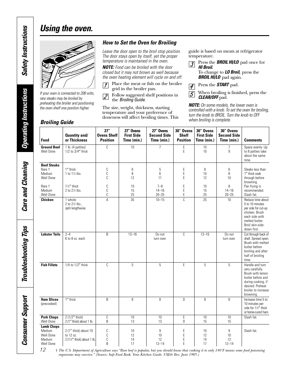 Using the oven, How to set the oven for broiling, Broiling guide | GE JKP20 User Manual | Page 12 / 28