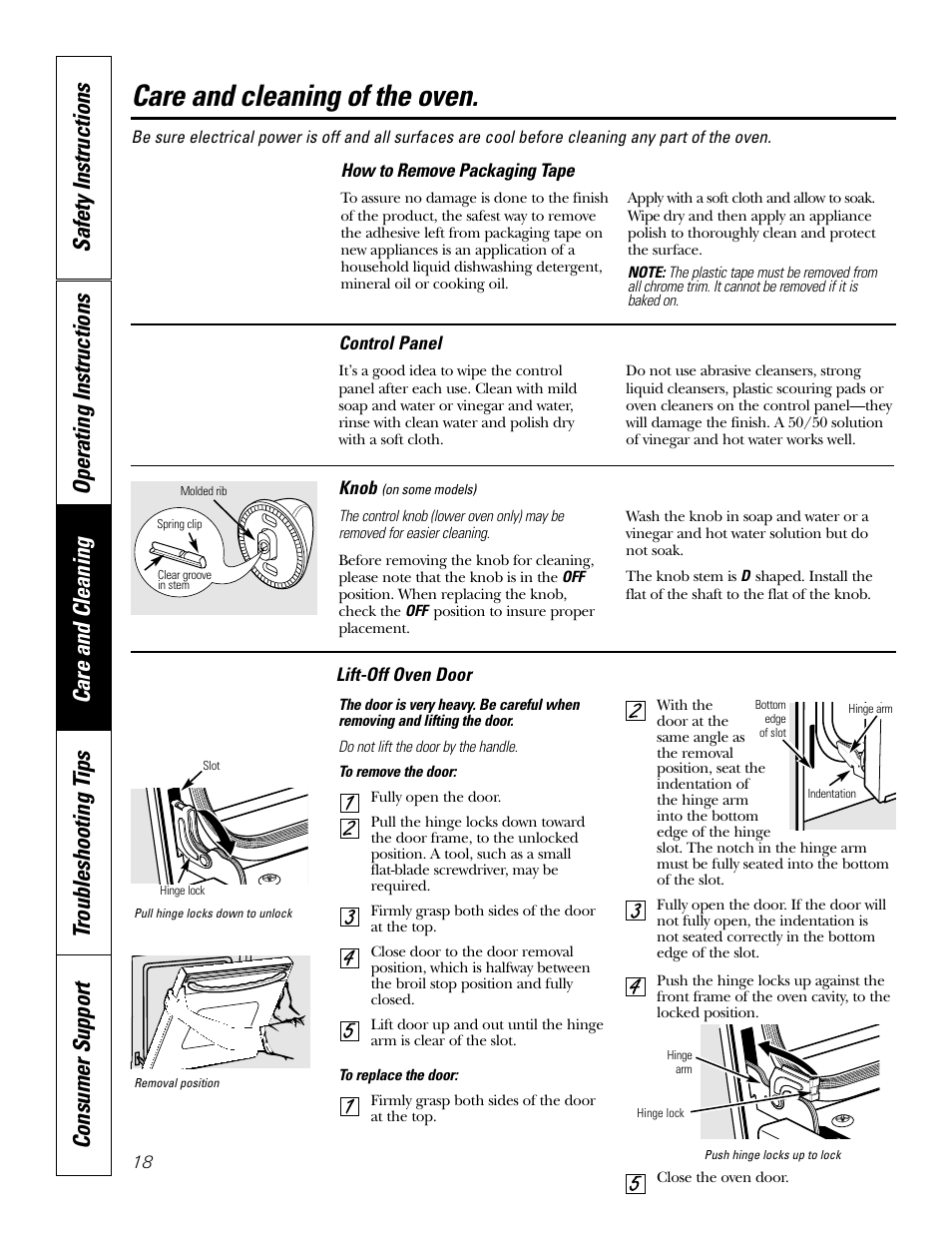 Control panel, Knob, Lift-off oven door | Packaging tape, Knob lift-off oven door , 19, Care and cleaning of the oven | GE JKP20 User Manual | Page 18 / 28
