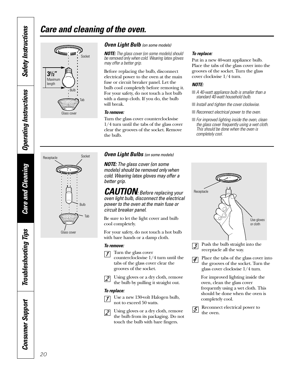 Light bulb, Care and cleaning of the oven, Caution | GE JKP20 User Manual | Page 20 / 28