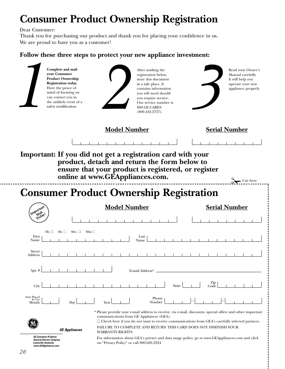 Consumer product ownership registration, Model number serial number | GE JKP20 User Manual | Page 26 / 28