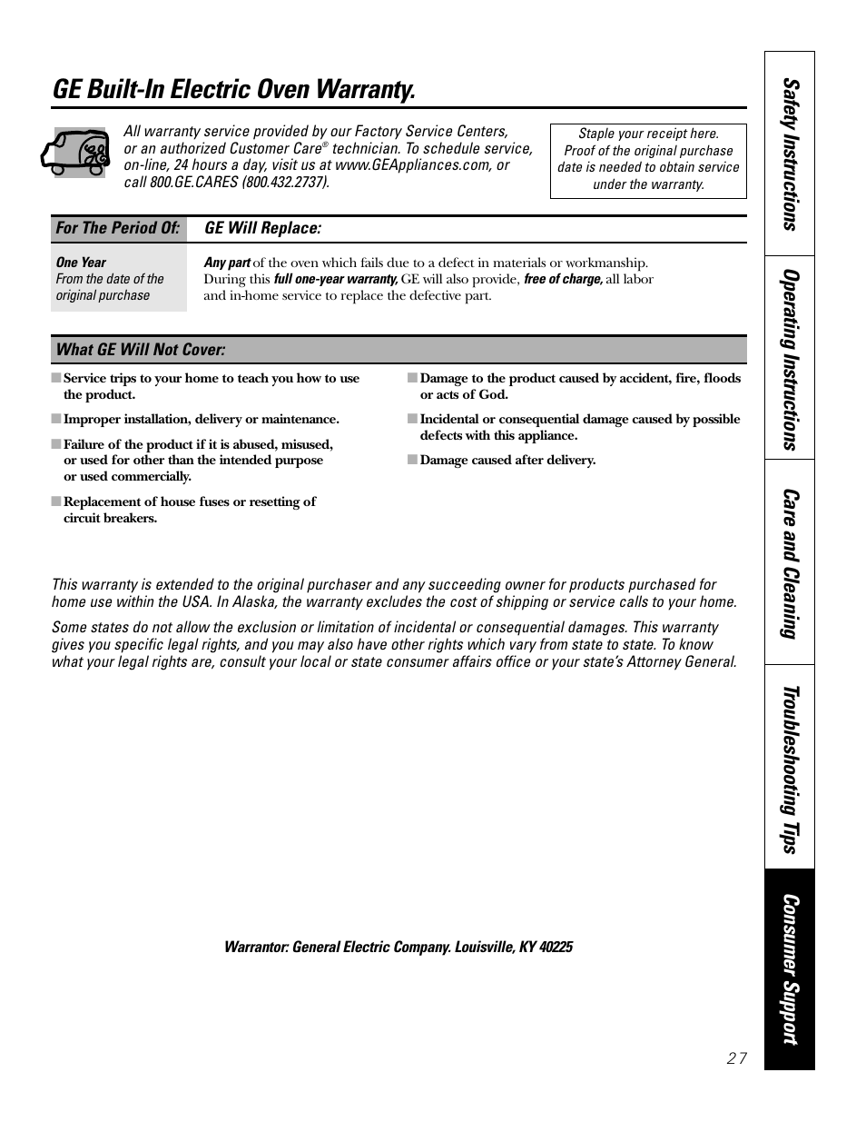 Warranty, Ge built-in electric oven warranty | GE JKP20 User Manual | Page 27 / 28