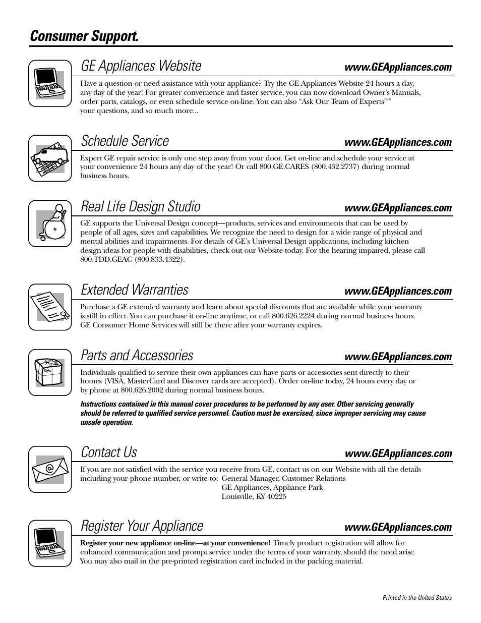 Consumer support, Consumer support . . back cover, Consumer support. ge appliances website | Schedule service, Real life design studio, Extended warranties, Parts and accessories, Contact us, Register your appliance | GE JKP20 User Manual | Page 28 / 28