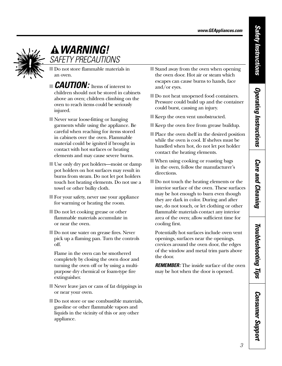 Warning, Caution, Safety precautions | GE JKP20 User Manual | Page 3 / 28