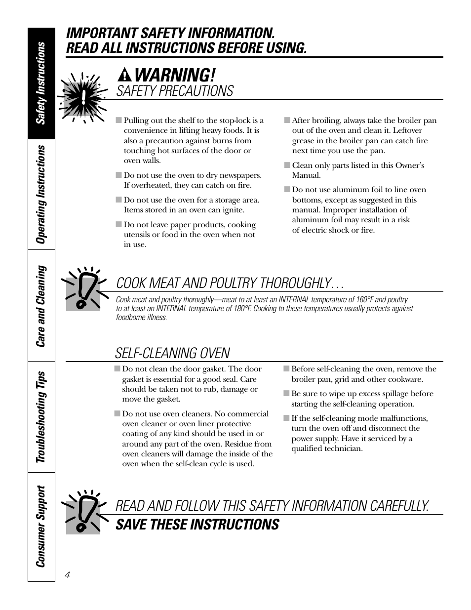 Warning, Cook meat and poultry thoroughly, Safety precautions | GE JKP20 User Manual | Page 4 / 28