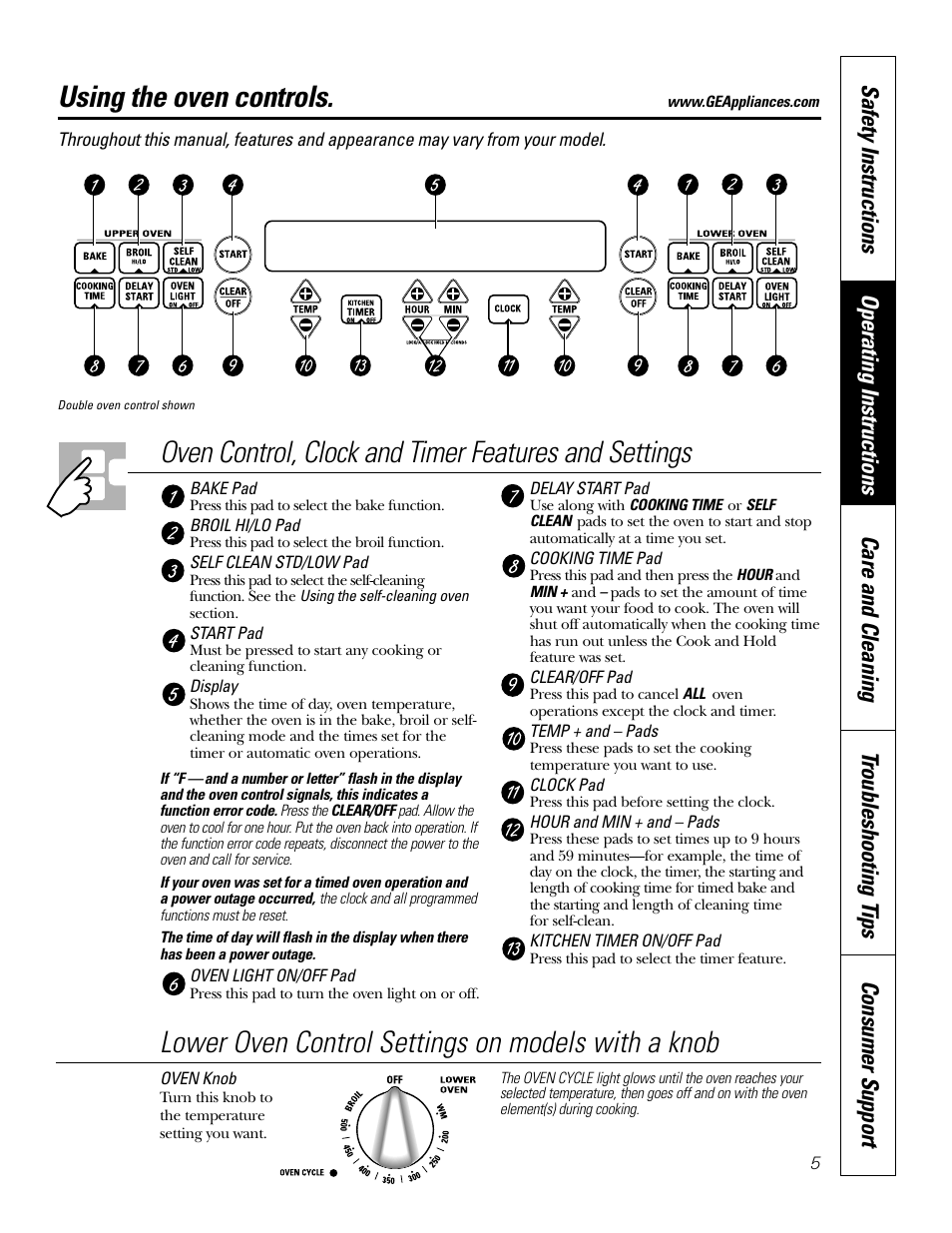 Controls, Using the oven controls, Lower oven control settings on models with a knob | GE JKP20 User Manual | Page 5 / 28