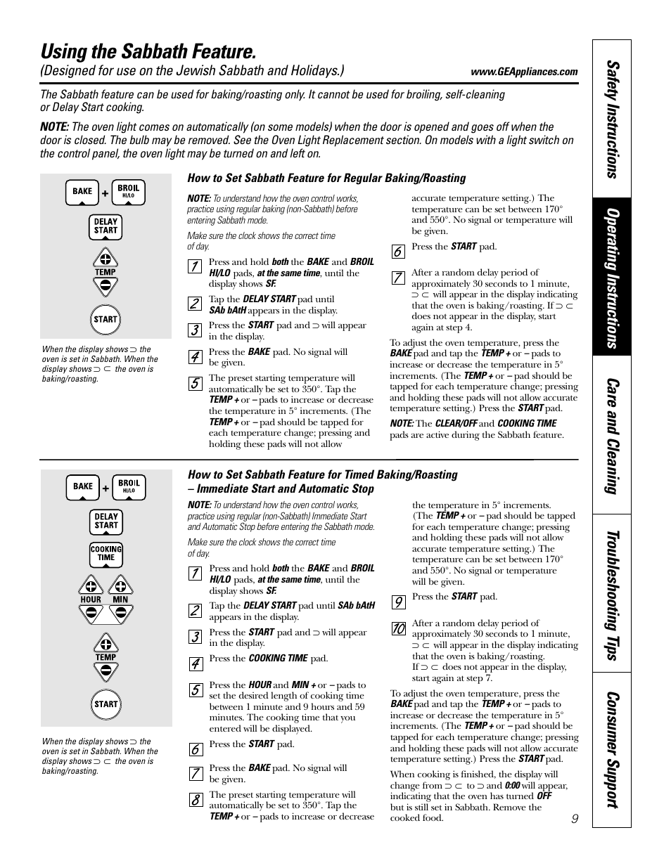 Sabbath feature, Sabbath feature , 10, Using the sabbath feature | GE JKP20 User Manual | Page 9 / 28
