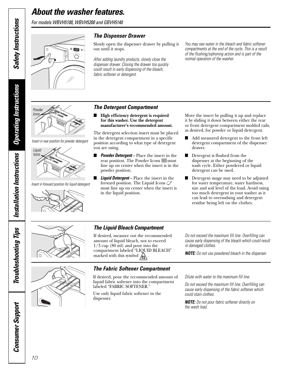 About the washer features | GE GBVH5140 User Manual | Page 10 / 76