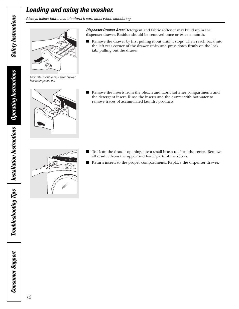 Loading and using the washer | GE GBVH5140 User Manual | Page 12 / 76