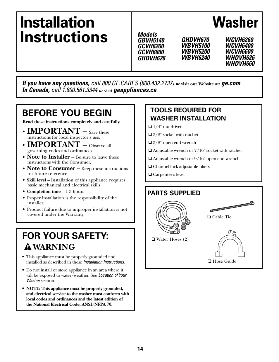 Installation instructions, Preparing to install your washer, Installation washer instructions | Before you begin, For your safety, Important, Warning | GE GBVH5140 User Manual | Page 14 / 76