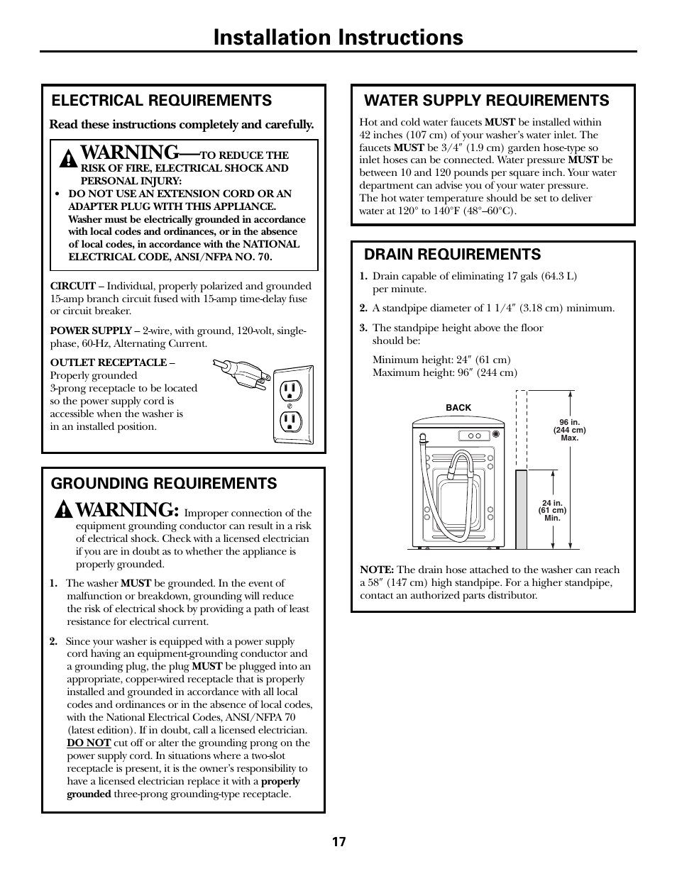 Drain requirements, Electrical requirements, Water supply requirements | Drain requirements electrical requirements, Installation instructions, Warning, Grounding requirements water supply requirements | GE GBVH5140 User Manual | Page 17 / 76