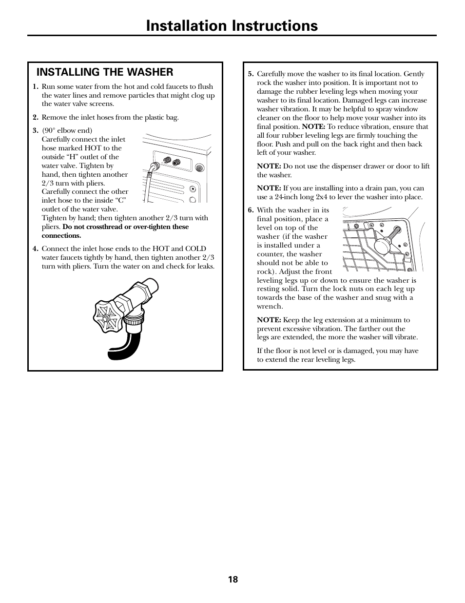 Installing the washer, Installing the washer , 19, Installation instructions | GE GBVH5140 User Manual | Page 18 / 76