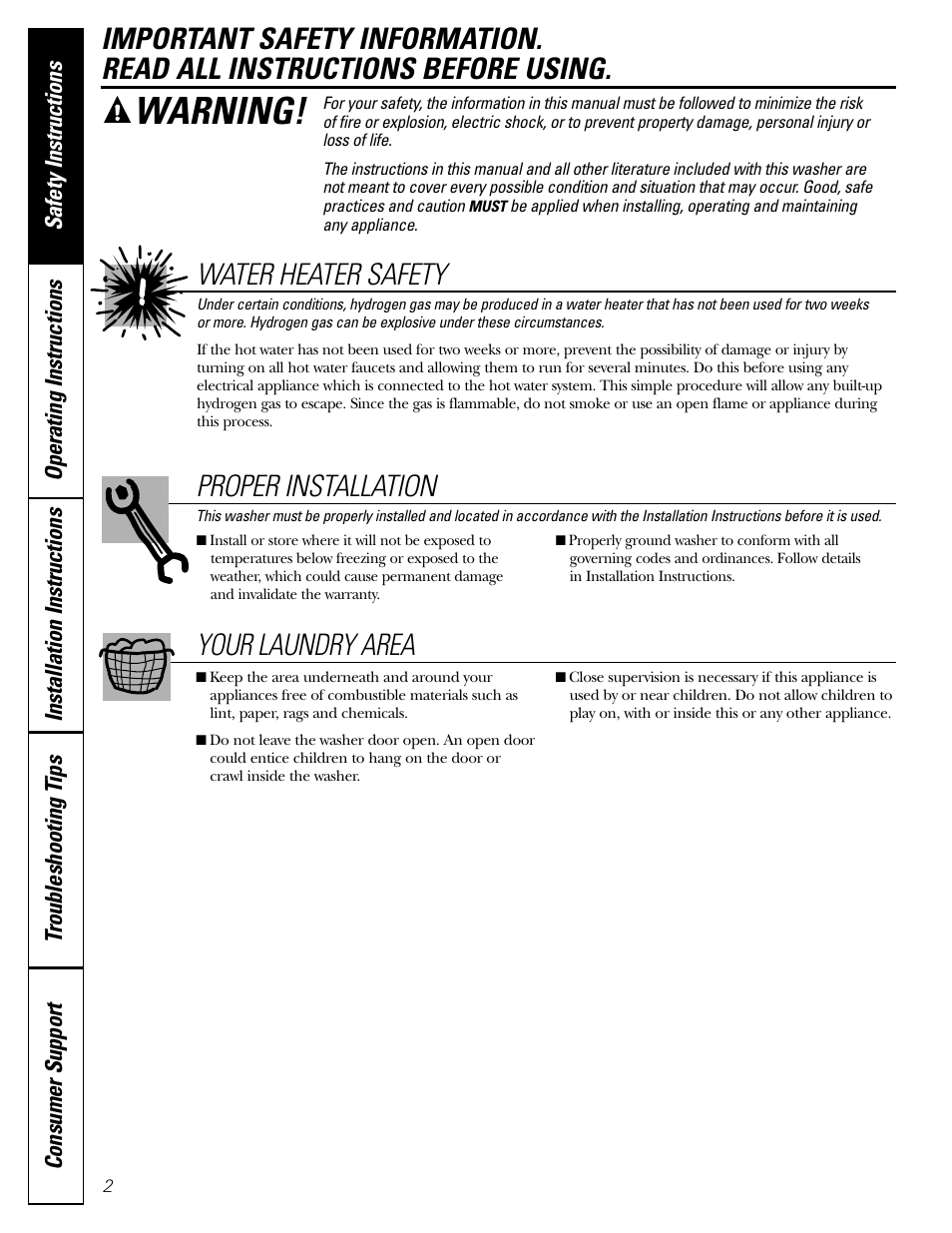 Safety instructions, Warning, Water heater safety | Proper installation, Your laundry area | GE GBVH5140 User Manual | Page 2 / 76