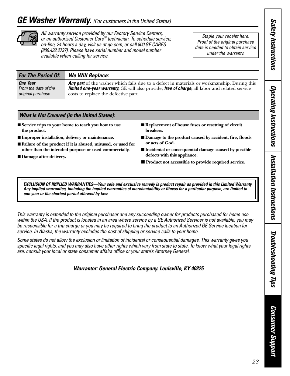 Warranty (u.s.), Ge washer warranty | GE GBVH5140 User Manual | Page 23 / 76