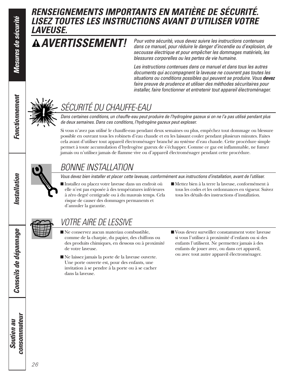 Mesures de sécurité, Avertissement, Sécurité du chauffe-eau | Bonne installation, Votre aire de lessive | GE GBVH5140 User Manual | Page 26 / 76