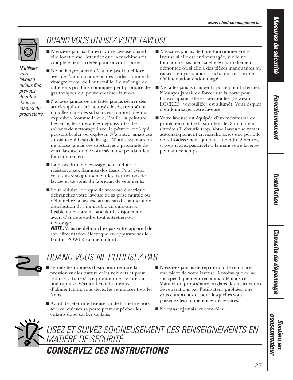 Quand vous utilisez votre laveuse | GE GBVH5140 User Manual | Page 27 / 76