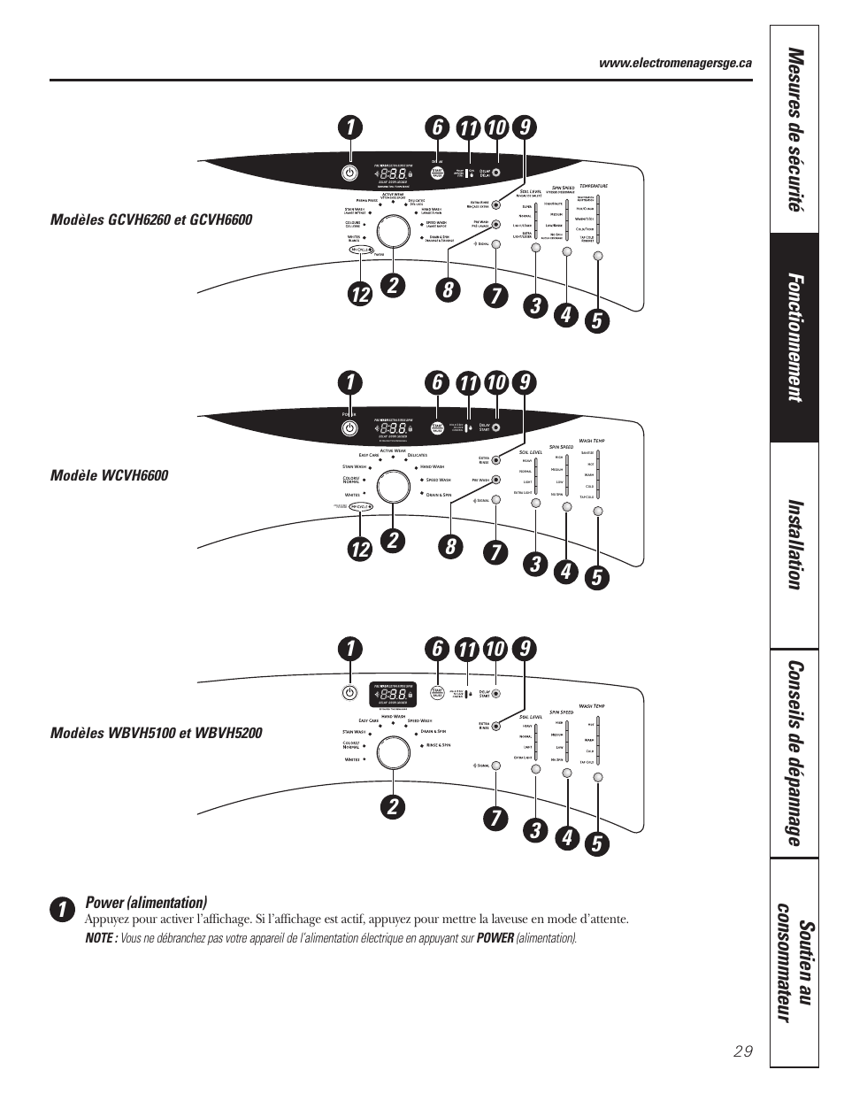 Power (alimentation), Modèle wcvh6600 | GE GBVH5140 User Manual | Page 29 / 76