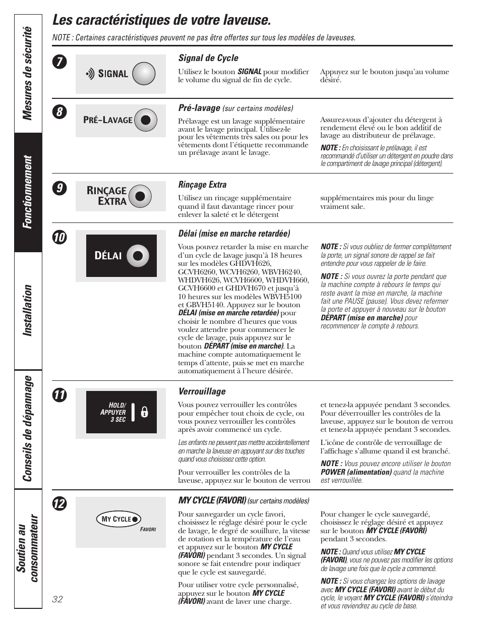 Caractéristiques, Caractéristiques –34, Les caractéristiques de votre laveuse | GE GBVH5140 User Manual | Page 32 / 76