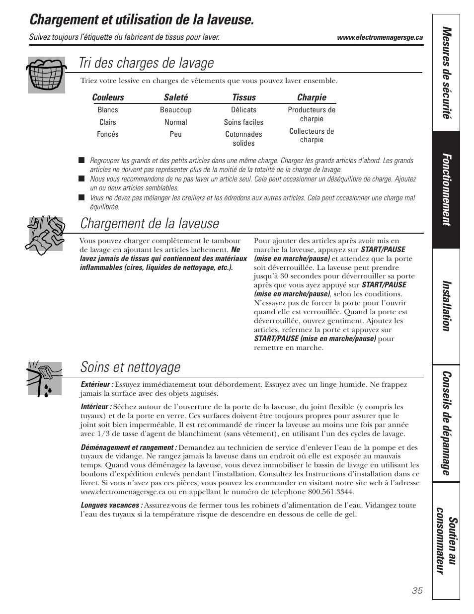 Chargement et utilisation de la laveuse, Chargement et utilisation de la laveuse , 36, Tri des charges de lavage chargement de la laveuse | GE GBVH5140 User Manual | Page 35 / 76