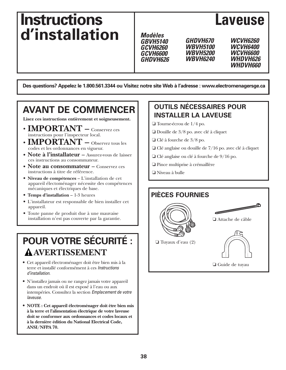 Installation, Préparation à l’installation de votre laveuse, Instructions laveuse d’installation | Avant de commencer, Pour votre sécurité, Important, Avertissement | GE GBVH5140 User Manual | Page 38 / 76