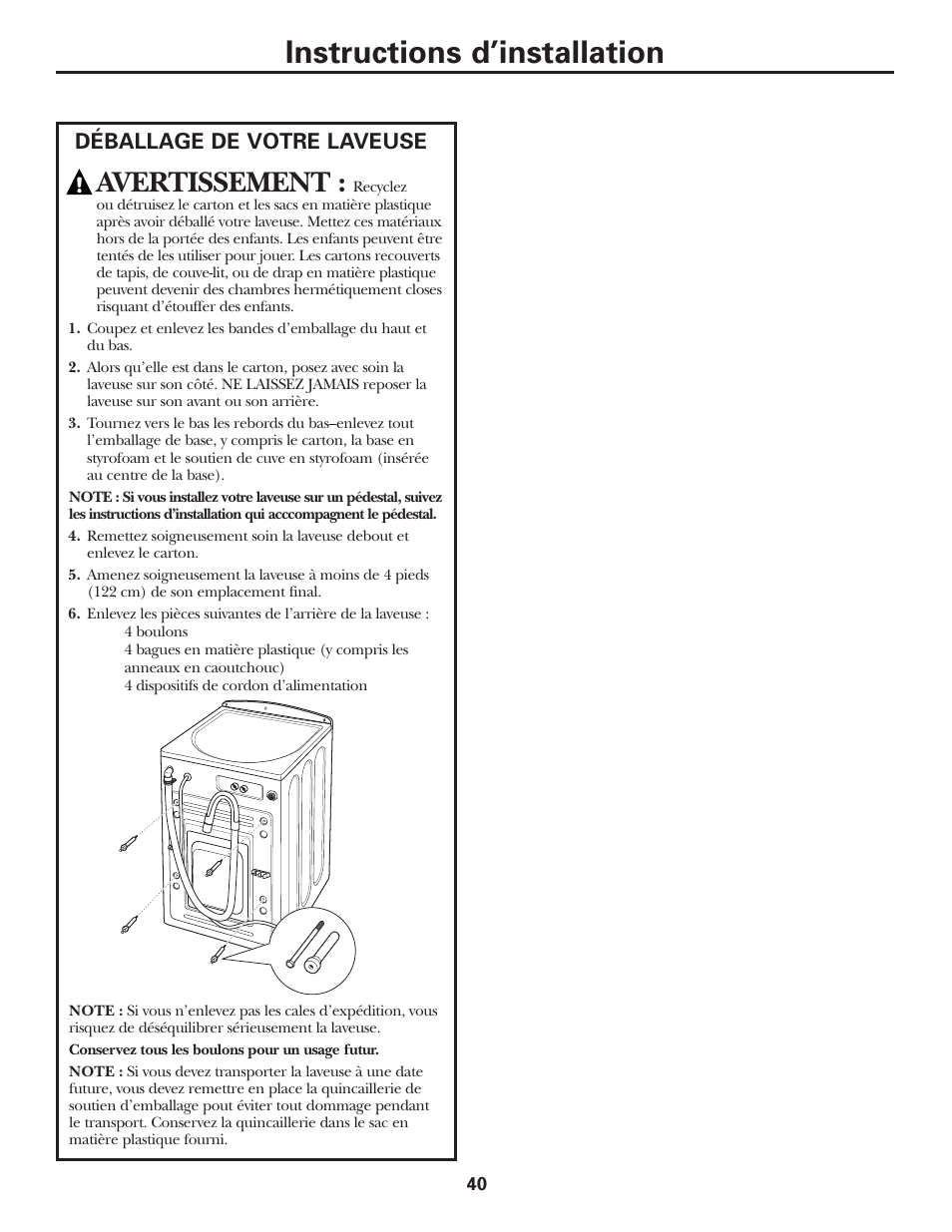 Déballage de votre laveuse, Instructions d’installation, Avertissement | GE GBVH5140 User Manual | Page 40 / 76