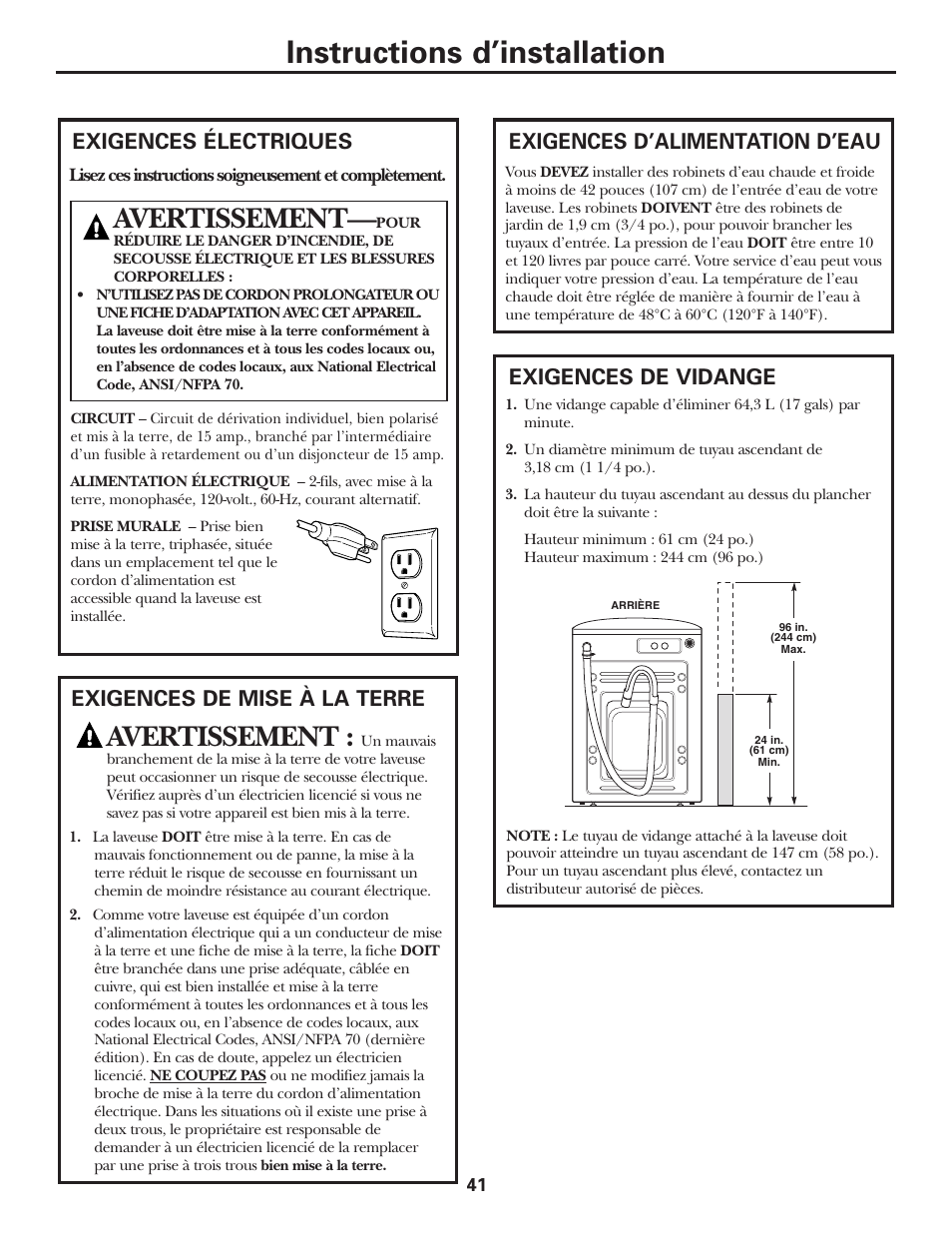 Exigences de vidange, Exigences électriques, Exigences d’alimentation d’eau | Exigences de vidange exigences électriques, Instructions d’installation, Avertissement | GE GBVH5140 User Manual | Page 41 / 76
